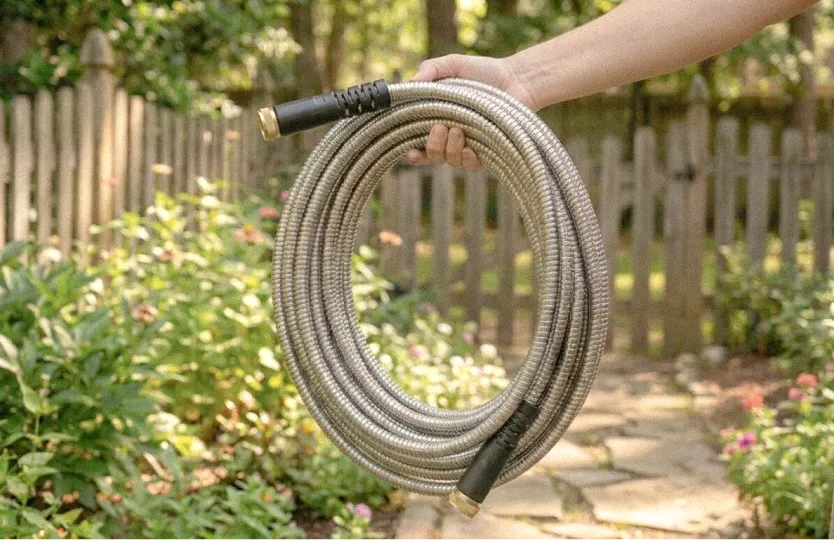 Garden Maestros Elite Metal Hose coiled and held by hand in a garden