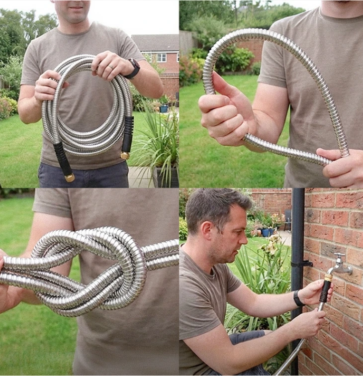 Garden Maestros hose being coiled, bent, tied in a knot, and connected to an outdoor spigot, demonstrating flexibility without kinking