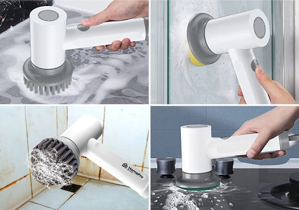 HomePro electric cleaning brush being used on grout, glass, and tile with three different brush heads