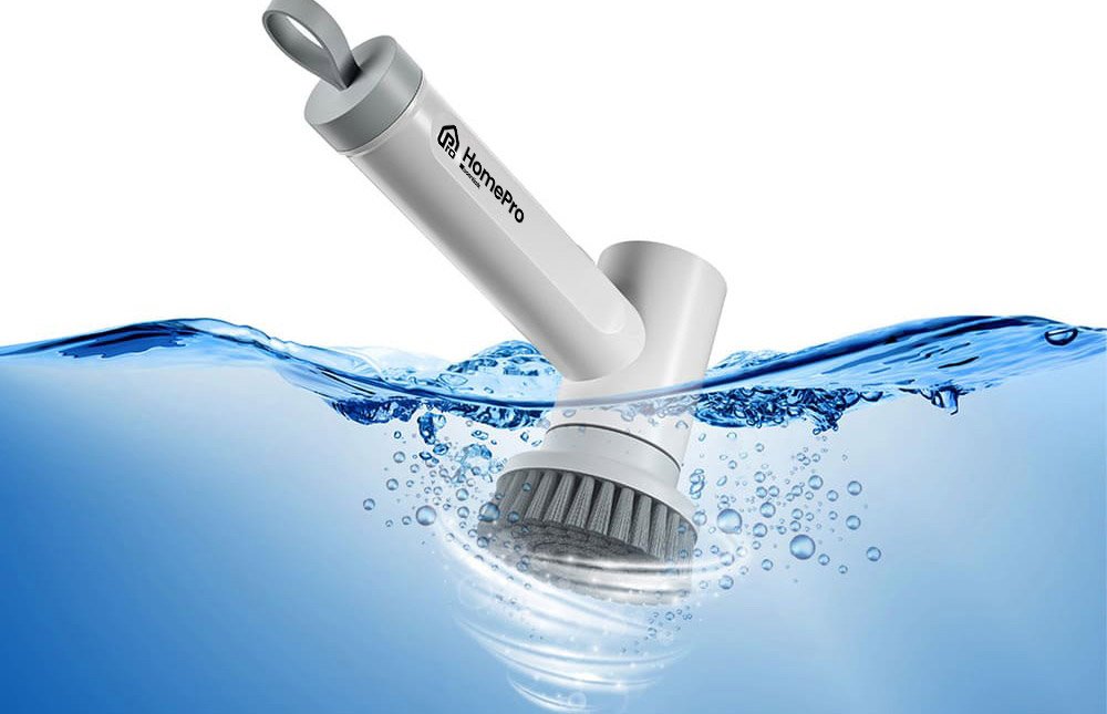 HomePro electric cleaning brush head submerged in water, showing the waterproof design
