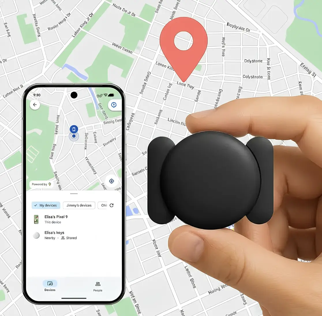 Qinux GoTag tracker held in hand next to a phone showing its location on a map in the Find My style app