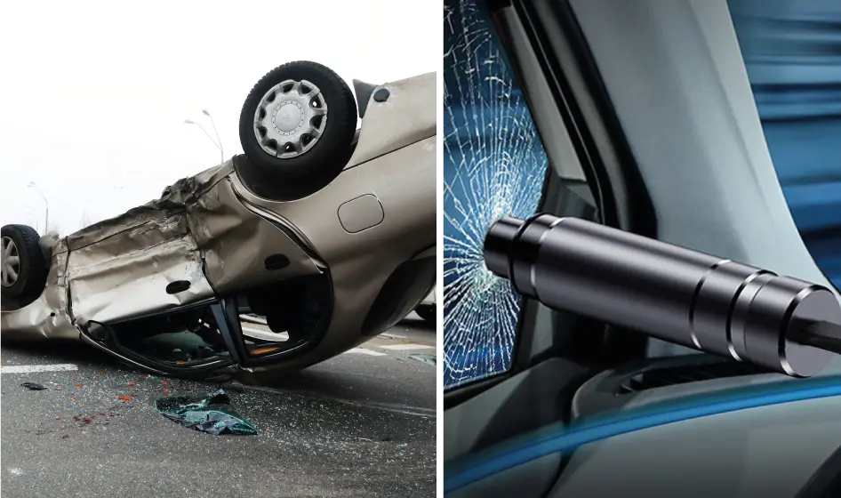 SafeHammer tool breaking a car window, shown next to an overturned vehicle illustrating the emergency use case