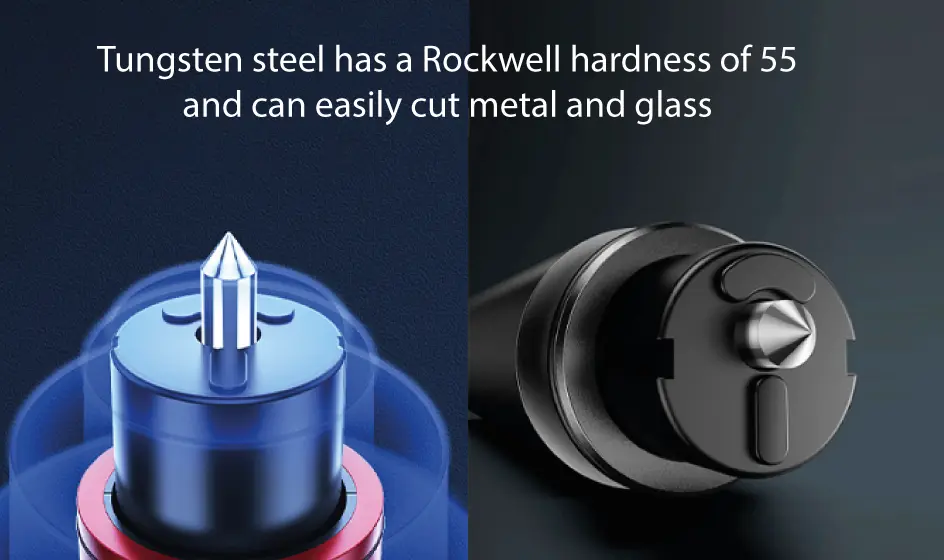Close-up of the SafeHammer tungsten steel tip, rated Rockwell hardness 55