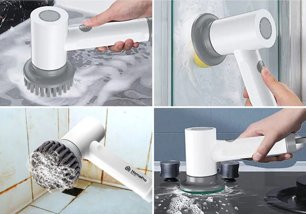 HomePro electric cleaning brush being used on grout, glass, and tile with three different brush heads