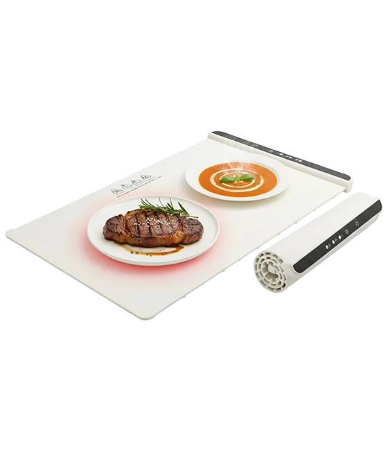 TempTray shown flat with two plates of food on it, and rolled up beside it